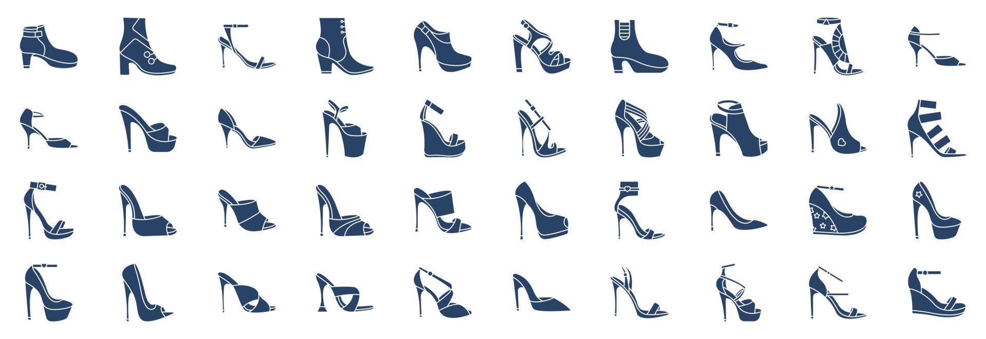 Sammlung von Symbolen im Zusammenhang mit High Heels, darunter Symbole wie Stiefeletten, Stiefel, Fetischschuhe und mehr. vektorillustrationen, pixelperfekter satz vektor