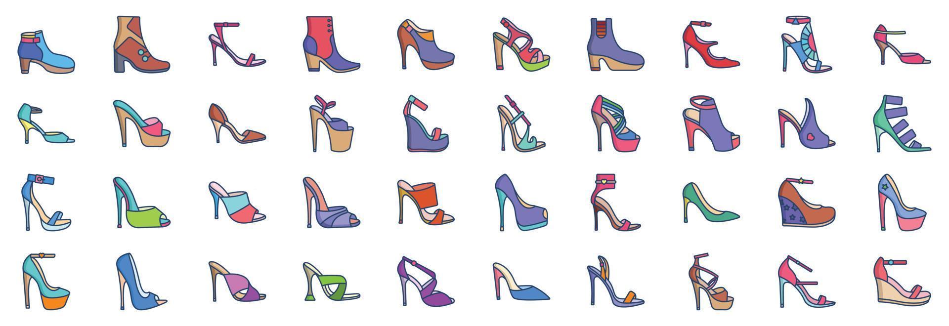 Sammlung von Symbolen im Zusammenhang mit High Heels, darunter Symbole wie Stiefeletten, Stiefel, Fetischschuhe und mehr. vektorillustrationen, pixelperfekter satz vektor