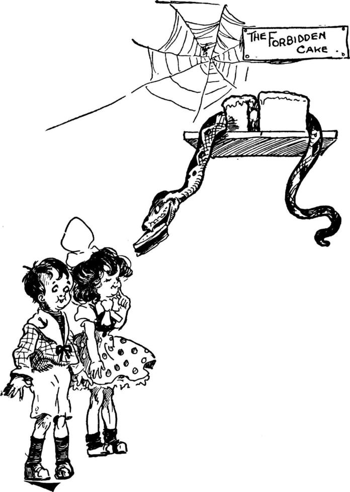 Schlange, die zwei Kindern Kuchen gibt, Vintage Illustration. vektor