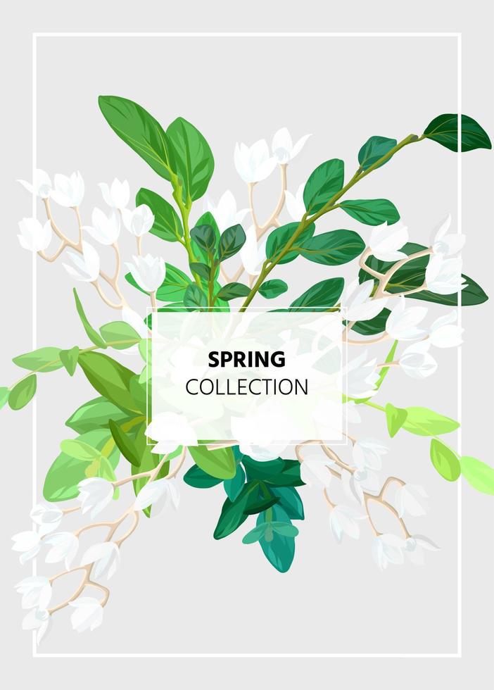 vår blommig eco design med vit lilja blommor, grön löv och saftig växter. vektor mall för flygblad, baner eller kort. illustrerade natur bakgrund.