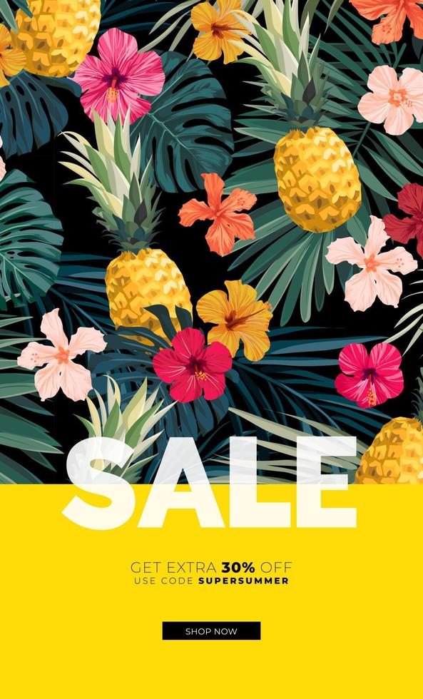 mörk vektor sommar design med exotisk handflatan löv, hibiskus blommor, ananas och Plats för text. försäljning erbjudande mall, baner av flygblad bakgrund. tropisk bakgrund illustration.