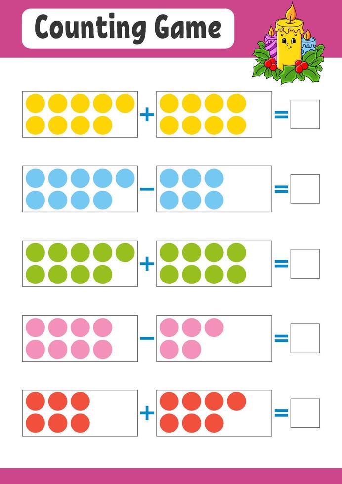 tillägg och subtraktion. uppgift för ungar. utbildning utvecklande arbetsblad. aktivitet Färg sida. spel för barn. jul tema. isolerat vektor illustration. tecknad serie stil.