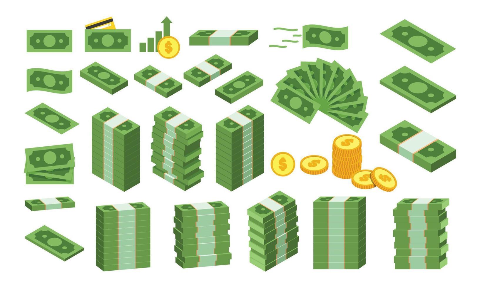 stor uppsättning olika typer av pengar ClipArt vektor design illustration. enkel förpackning, högar, fläkt form grön pengar sedel dollar räkningen, och gul gyllene mynt platt ikon tecknad serie stil. finansiera begrepp