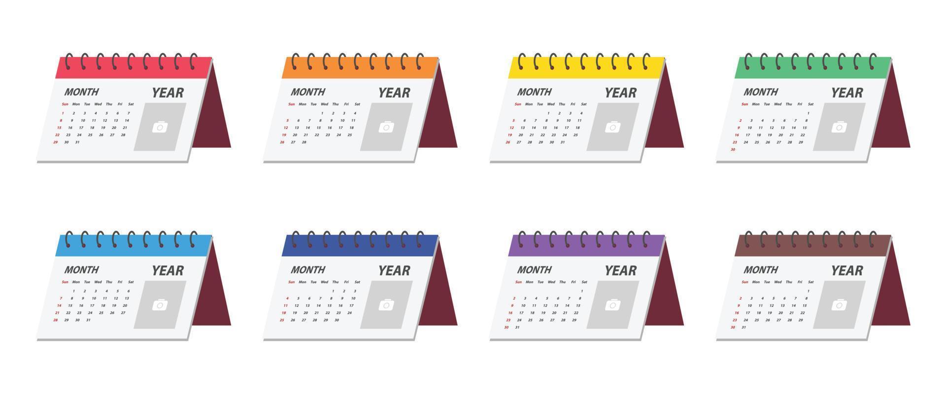 uppsättning av Flerfärgad skrivbord kalender ClipArt vektor illustration. enkel skrivbord kalender platt vektor design. söt en gång i månaden tabell kalender platt tecknad serie stil. företag, händelse, och organisation begrepp