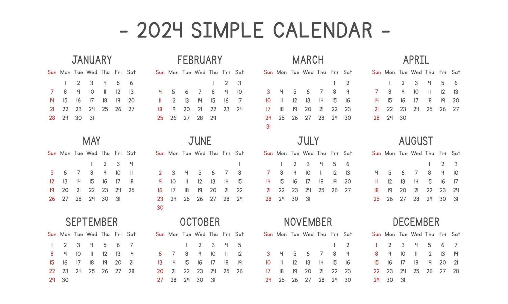 2024 kalender i enkel stil vektor illustration. enkel klassisk en gång i månaden kalender design för 2024 i en rena tecknad serie font. de vecka börjar söndag. minimalistisk kalender planerare år 2024 mall skriva ut