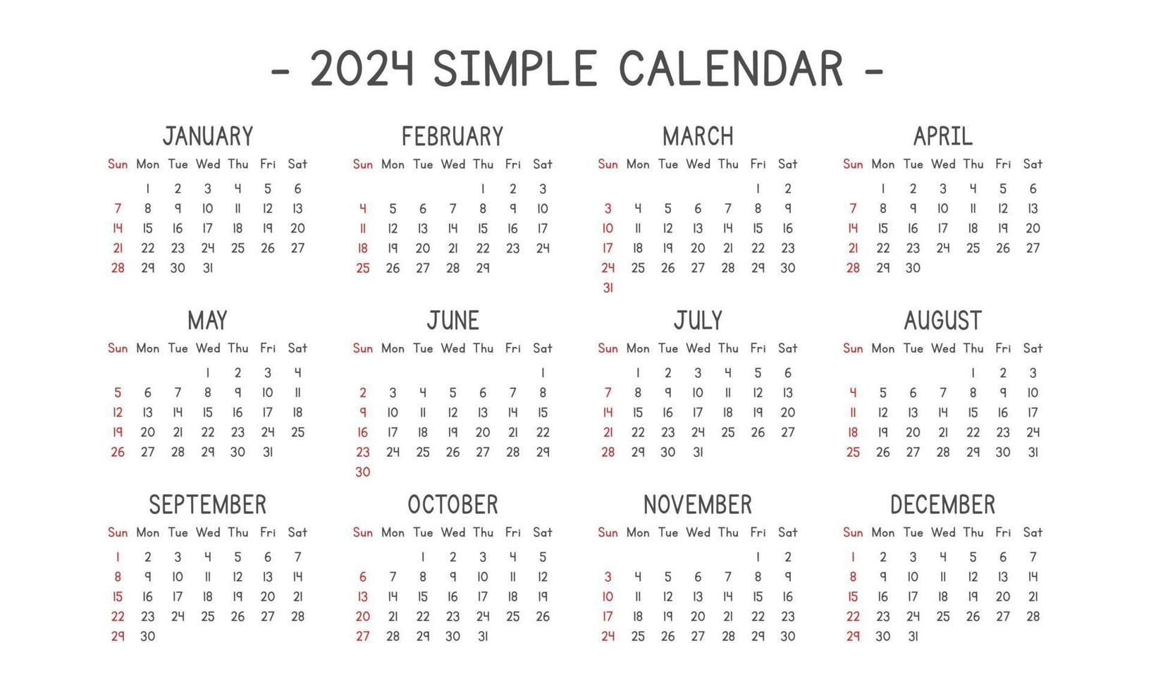 Kalender 2024 in einfacher Vektorillustration. einfaches klassisches Monatskalender-Design für 2024 in einer sauberen Cartoon-Schrift. die woche beginnt am sonntag. minimalistischer Kalenderplaner Jahr 2024 Vorlagendruck vektor