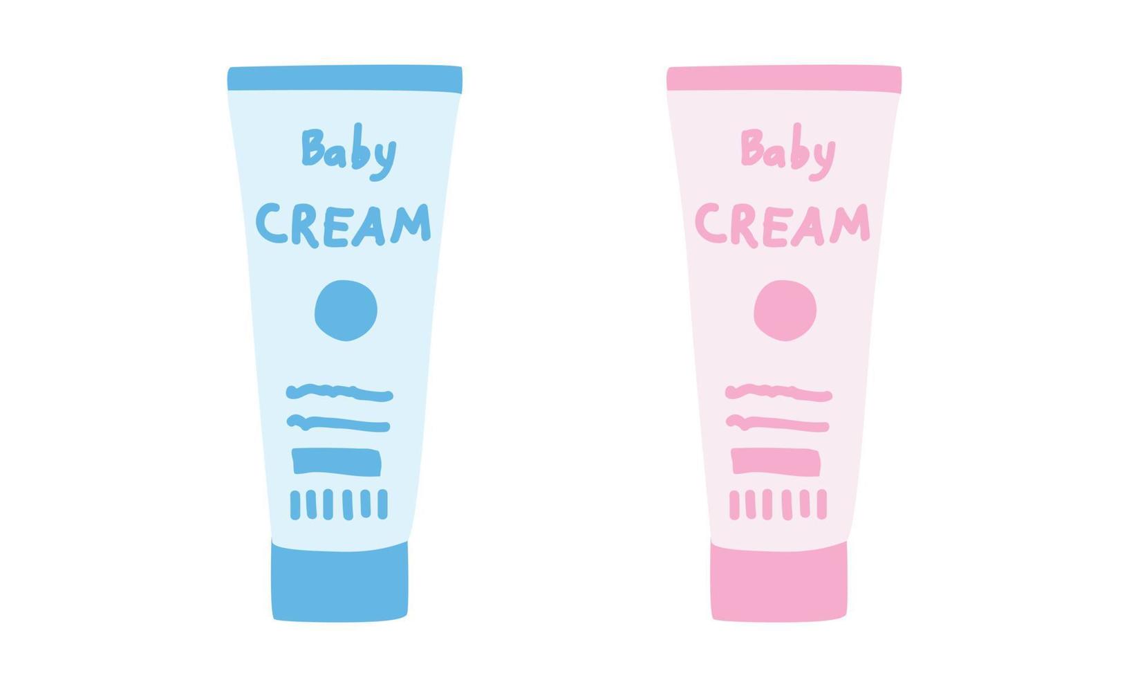 Baby-Creme-Tube-Clipart. einfache niedliche blaue und rosa flasche babycremeröhrchen flache vektorillustration. plastikflaschen mit babykosmetikprodukten im cartoon-stil vektor