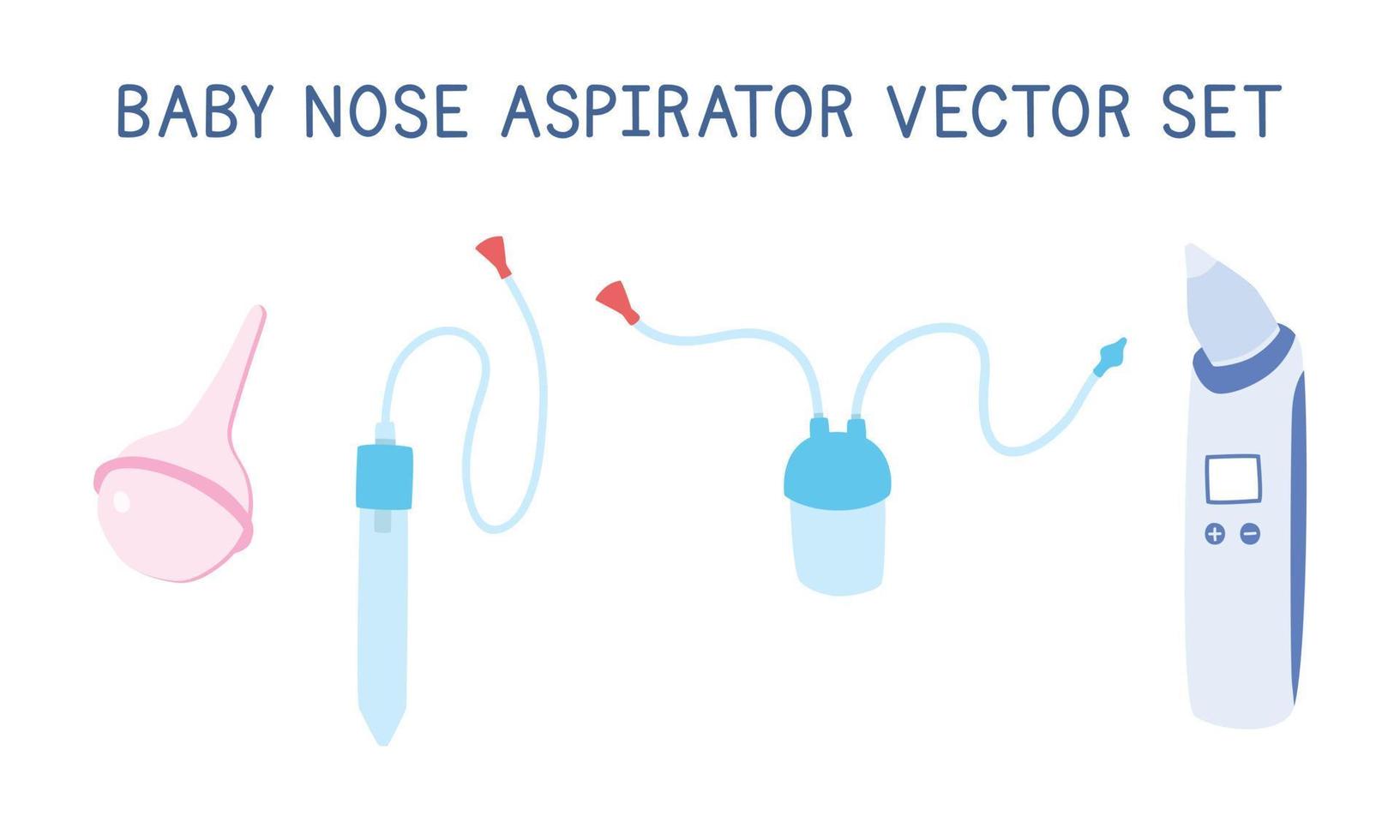 uppsättning av bebis näsa rengöringsmedel nasal aspiratorer ClipArt. enkel söt bebis näsa aspirator platt vektor illustration isolerat på vit. klassisk, elektrisk, batteri näsa pump, näsa parasit rör tecknad serie stil ikon