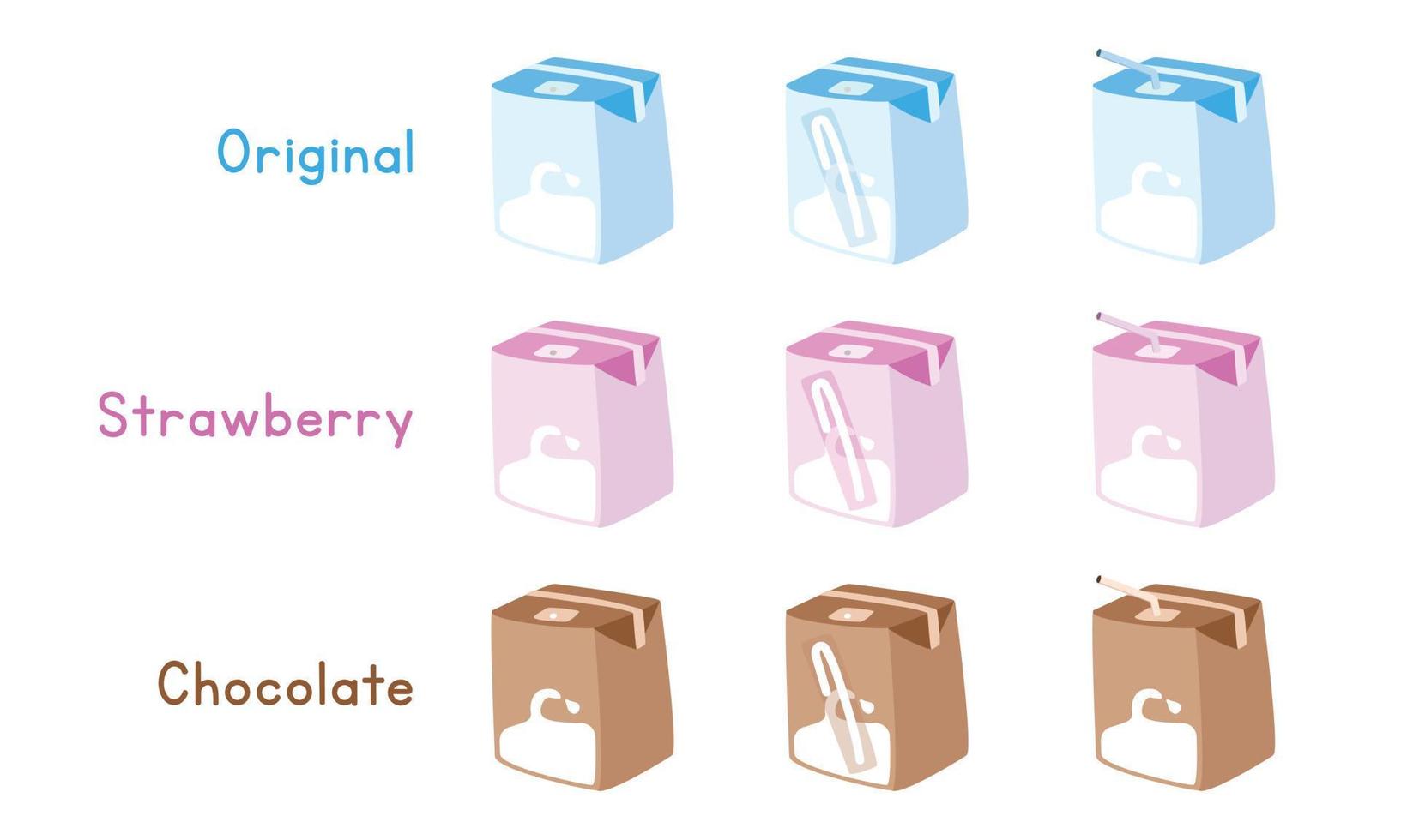 satz von normalem, erdbeere, schokoladenmilchkarton, vektordesign. blaue, rosa, braune milchkartons mit strohclipart. Milchtüten verschiedene Geschmacksrichtungen Cartoon-Stil niedliche Zeichnung. Milchprodukt vektor