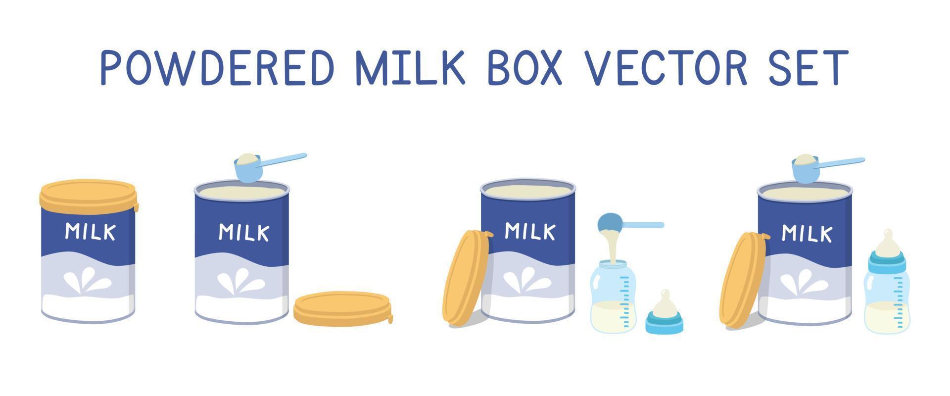 uppsättning av bebis mjölk pulver ClipArt. enkel pulver mjölk i aluminium kan med bebis flaska och full blå plast mätning sked eller skopa platt vektor illustration. pulveriserad mjölk formel konserverad teckning