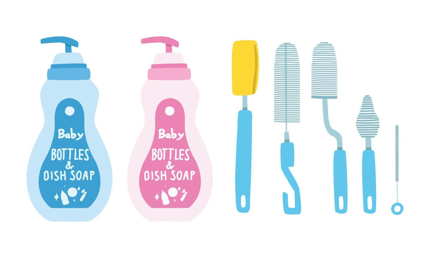 Vektor-Set von Babyflaschen und Spülmittelflasche und Flaschenbürsten-Set-Clipart. waschmittel für babyflaschen und geschirr flache vektorillustration. waschmittel und flaschenbürsten schwamm cartoon-stil vektor