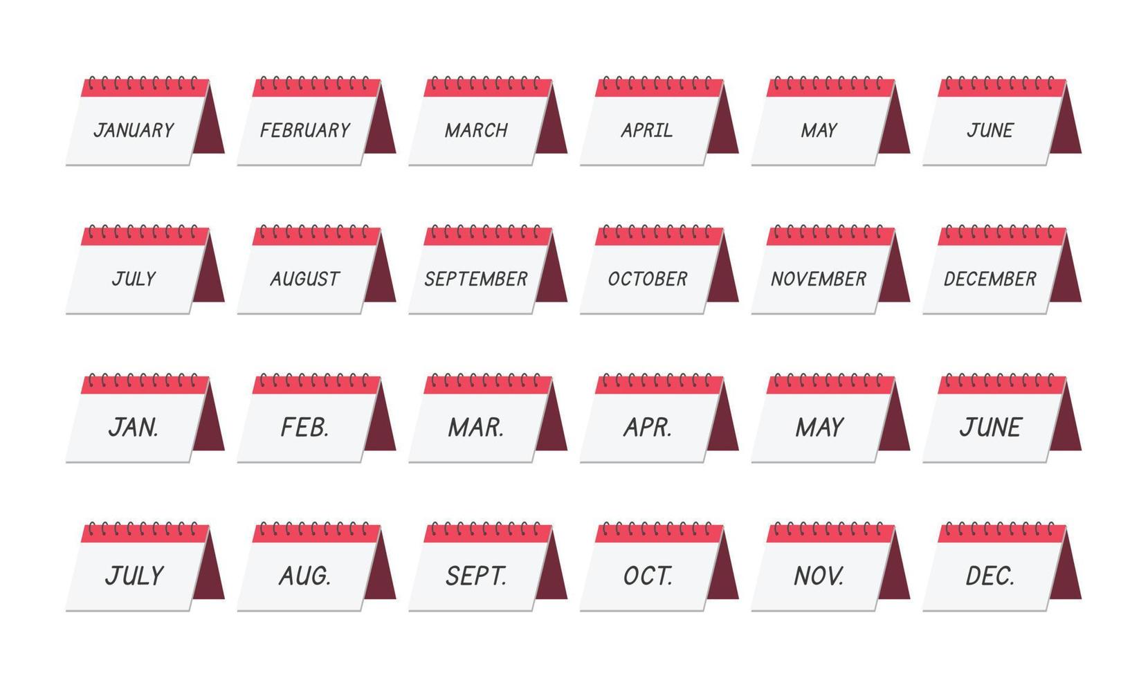 satz einfacher tischkalender-clipart-vektorillustration. niedlicher monatlicher tischkalender, der die monate des jahres und ihre abkürzungen im flachen handgezeichneten karikaturstil zeigt. Organisation, Veranstaltungskonzepte vektor