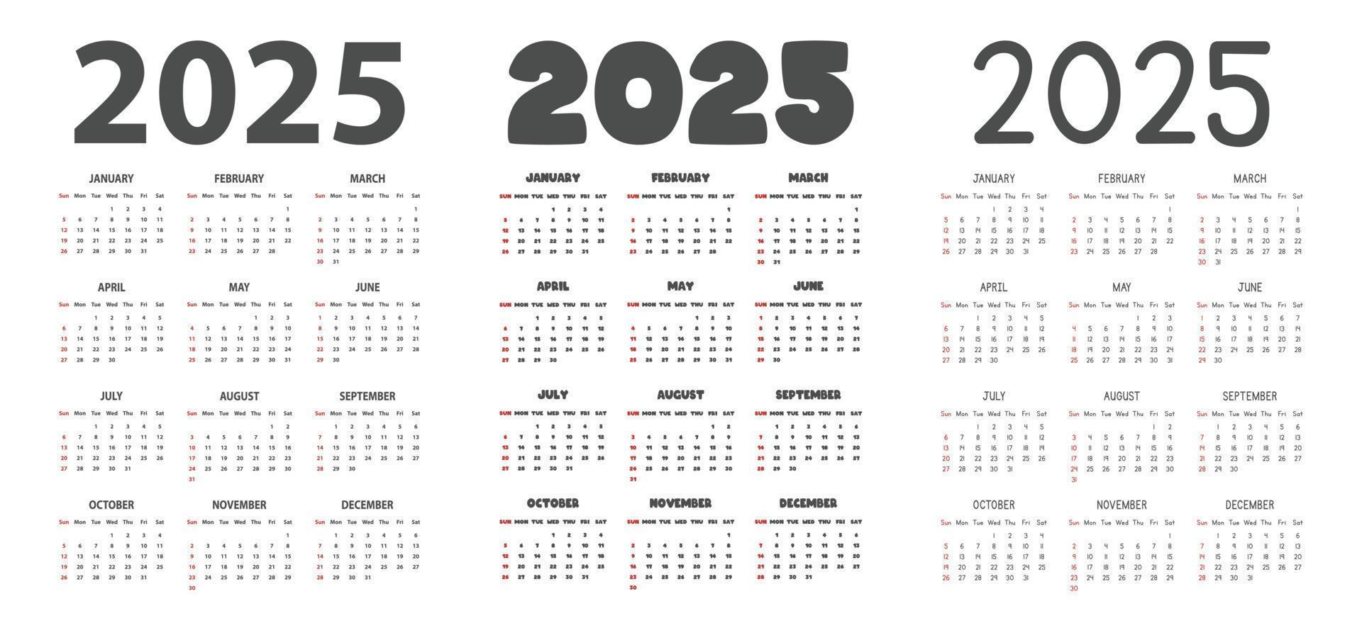 2025-Kalender in verschiedenen Schriftstilen, Vektorgrafik. einfacher klassischer Monatskalender für 2025 in San, Fett, Cartoon-Schriftart. die woche beginnt am sonntag. minimalistischer Kalenderplaner Jahr 2025 Vorlage vektor