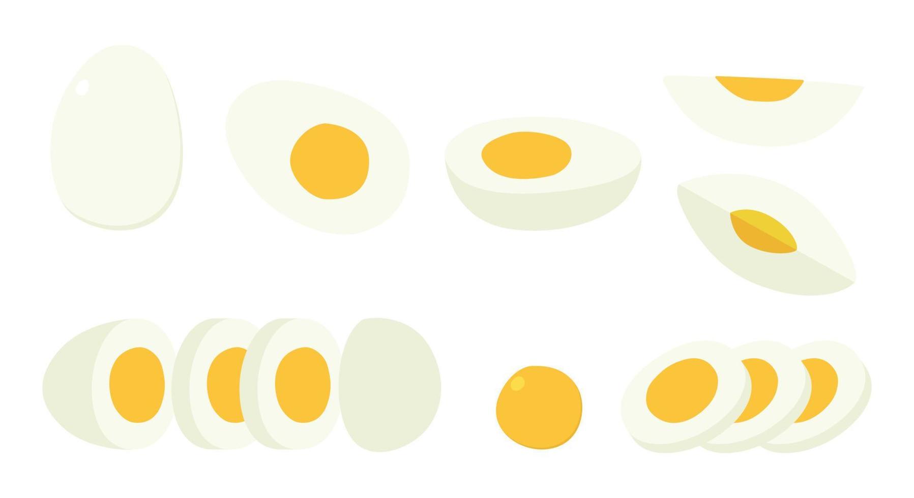 vektor uppsättning av skivad hård kokt ägg ClipArt. enkel hela, halv, en fjärdedel, skära skivad kokt ägg platt vektor illustration isolerat. vit kokt kyckling ägg med gul äggula tecknad serie hand dragen stil