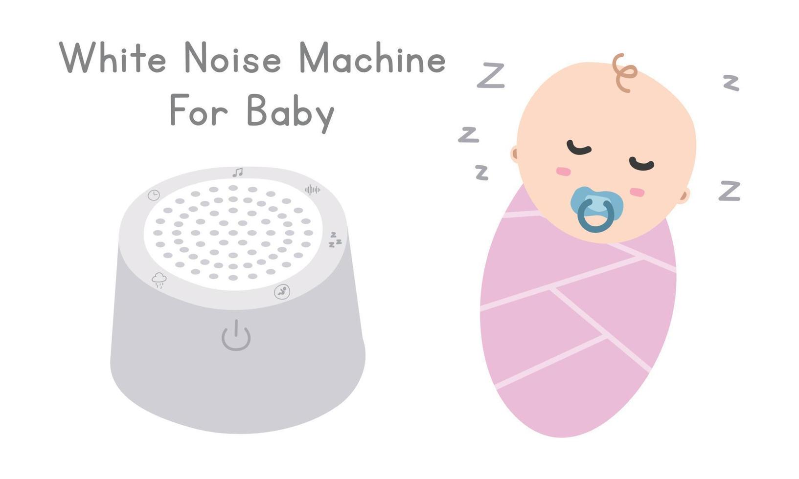 Baby White Noise Machine Clipart. White Noise Maker Maschine und flache Vektorillustration des schlafenden Babys. Schlaflieder mit weißem Rauschen für Neugeborene im Cartoon-Stil. babyparty, neugeborenes kinderzimmerkonzept vektor