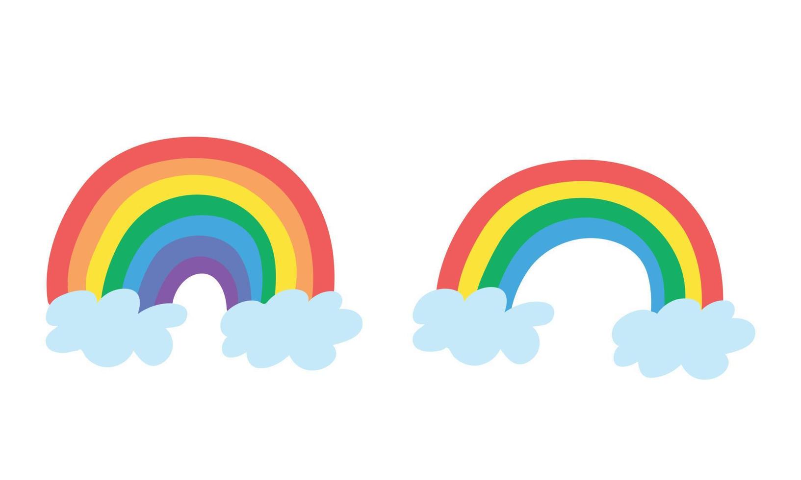 uppsättning av tecknad serie regnbågar ClipArt. enkel söt regnbåge 7 färger och 4 färger platt vektor illustration. färgrik regnbågar med moln tecknad serie stil ikon. dekorativ design element hand dragen stil