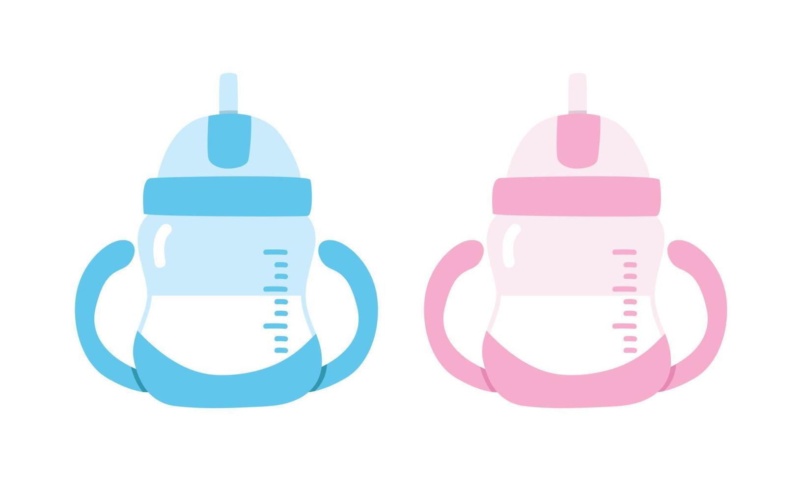 Vektor-Set aus blauen und rosa Baby-Sip-Cup-Cliparts. einfache niedliche babywasserflasche für kinder, die flache vektorillustration trinken. Baby-Trinkbecher im Cartoon-Stil. Kleinkinderflasche für Jungen und Mädchen vektor