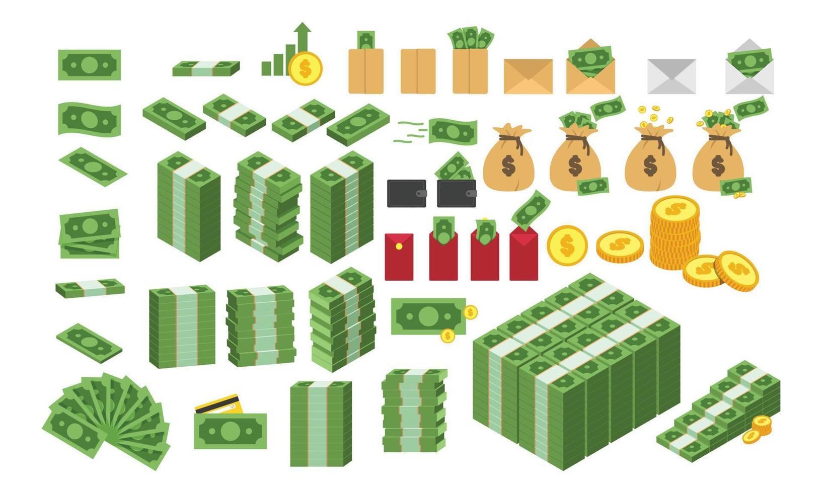 full uppsättning olika typer av pengar ClipArt vektor design illustration. enkel förpackning, högar, fläkt form grön pengar sedel dollar räkningen, och gul gyllene mynt platt ikon tecknad serie stil. finansiera begrepp