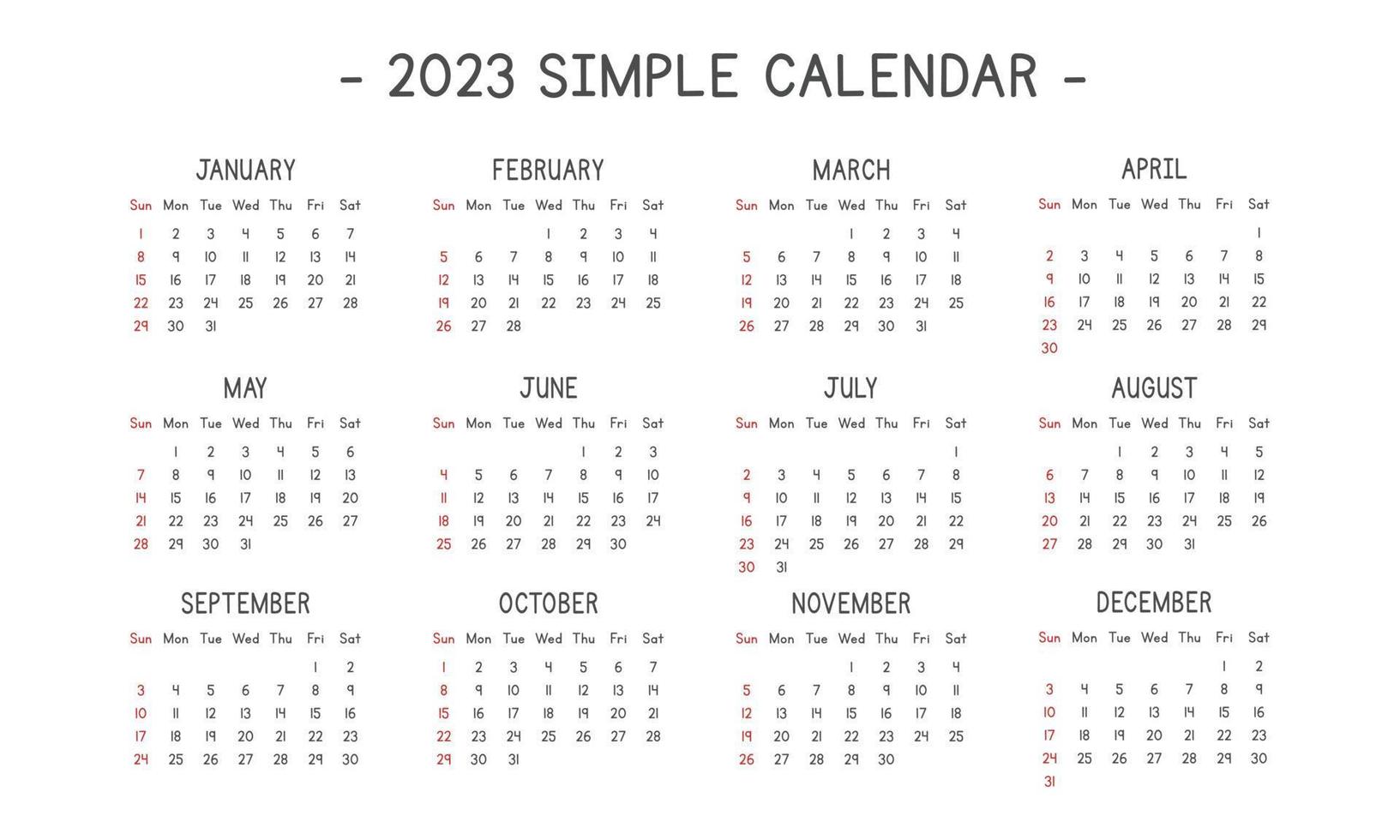 Kalender 2023 in einfacher Vektorillustration. einfaches klassisches Monatskalender-Design für 2023 in einer sauberen Cartoon-Schrift. die woche beginnt am sonntag. minimalistischer Kalenderplaner Jahr 2023 Vorlagendruck vektor