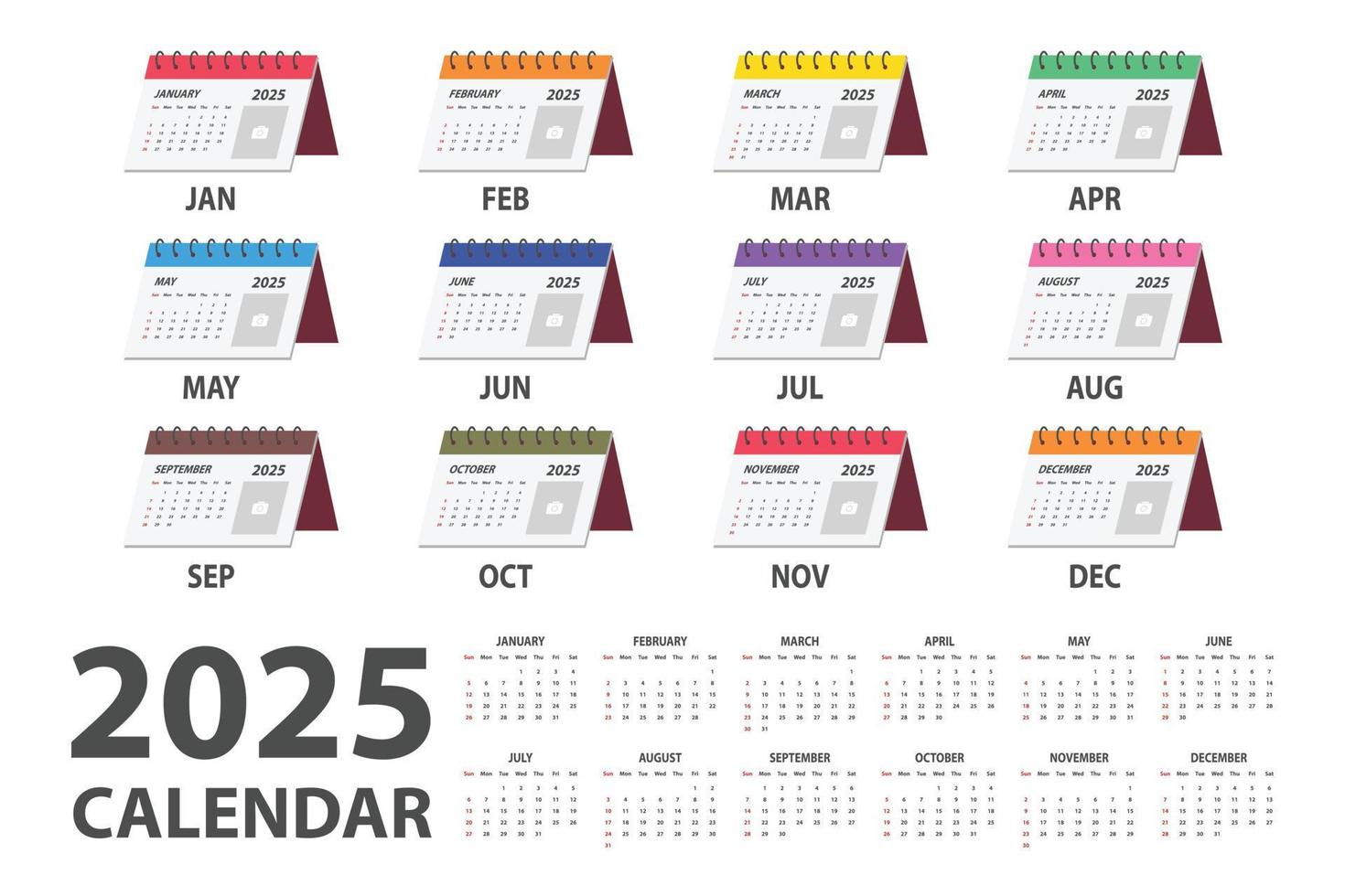 2025 Kalendervektorillustration. einfacher klassischer monatskalender für 2025 mit cartoon-cliparts aus mehrfarbigem tischkalender. die Woche beginnt am Sonntag. minimalistischer Kalenderplaner Jahr 2025 Vorlage vektor