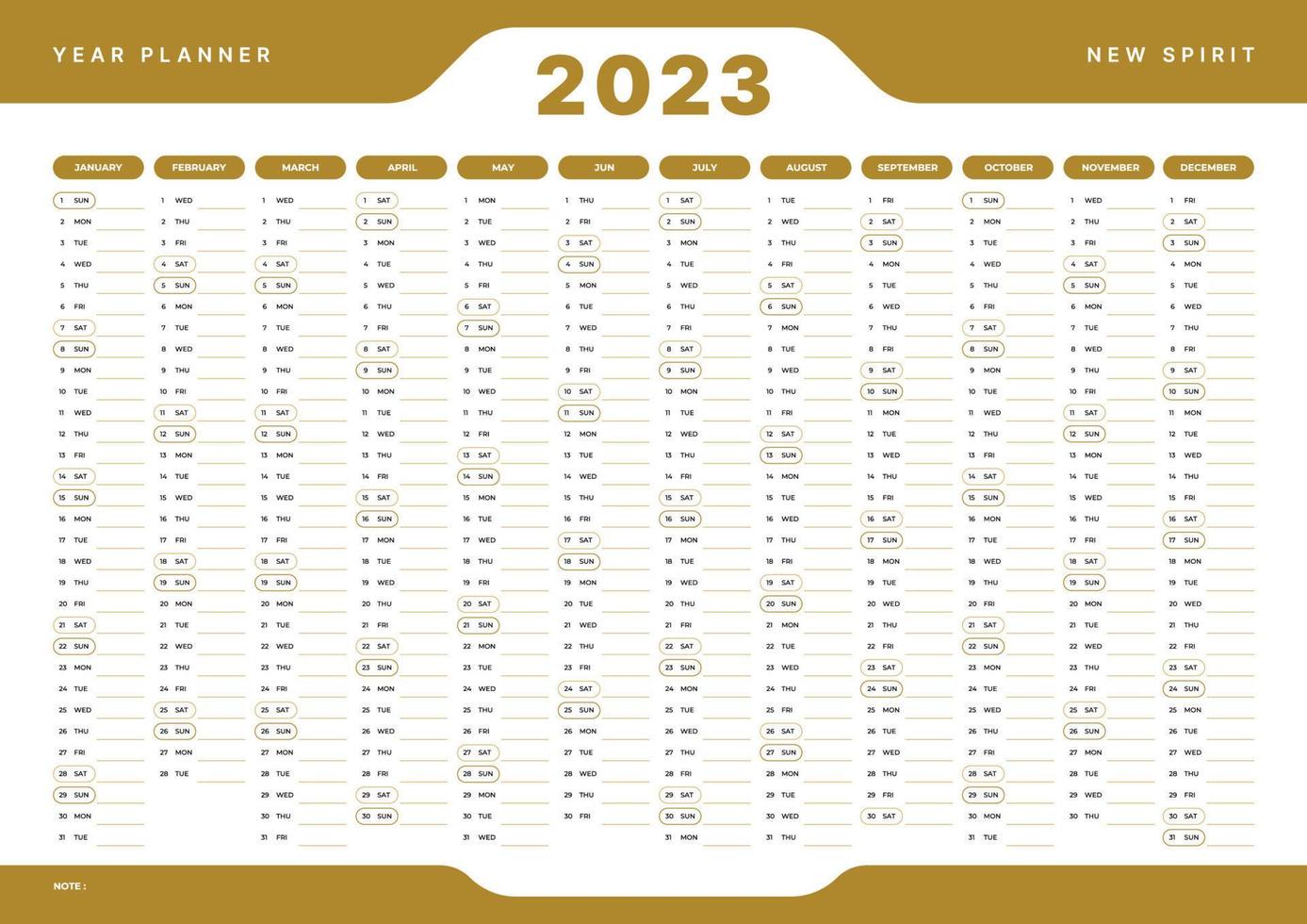 årlig vägg kalender planerare för 2023 med gyllene Färg. vektor design redo till skriva ut