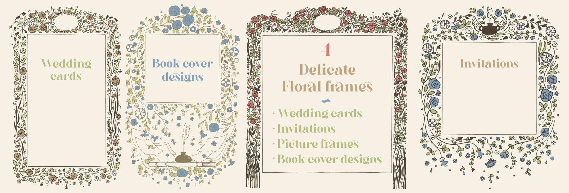 zarte Vintage-Blumenrahmen. 4er-Set. Gestaltungselemente für Hochzeitseinladungen, Speisekarten, Buchumschläge, Einladungen und Bilderrahmen. vektor