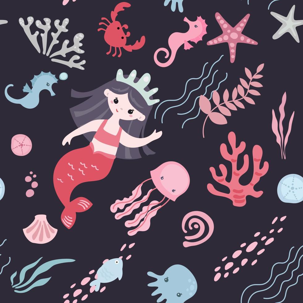 söt sjöjungfru flickor och undervattenskablar djur, tecknad serie stil barnslig sömlös mönster vektor