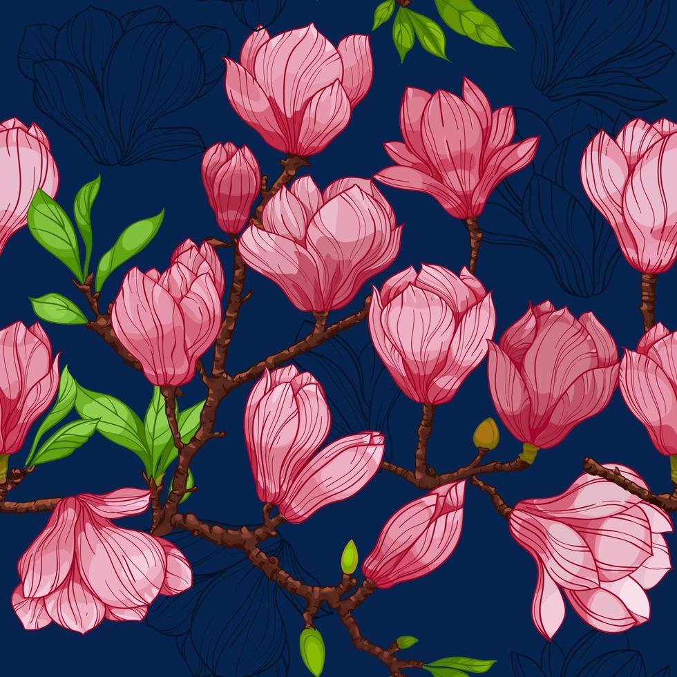 Rosa blühende Magnolienblumen auf blauem Hintergrund, nahtloses Muster. handgezeichnete Abbildung vektor
