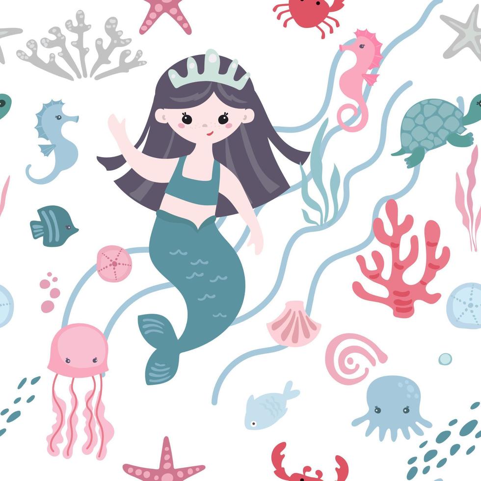 söt sjöjungfru flickor och undervattenskablar djur, tecknad serie stil barnslig sömlös mönster vektor