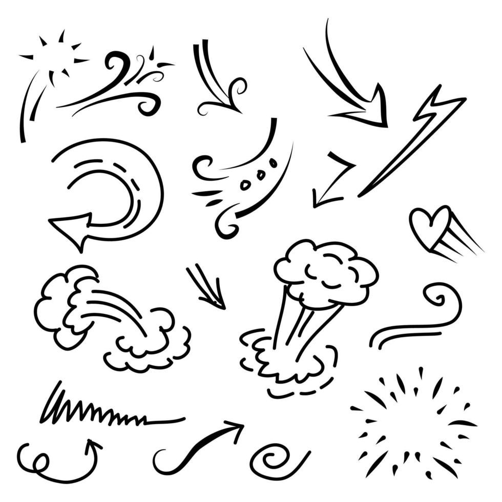 Doodle-Elemente. handgezeichnete sammlung von pfeil, windschlag, wolke, welle, explosion, liebe. für Konzeptdesign verwenden. isoliert auf weißem Hintergrund. Vektor-Illustration vektor