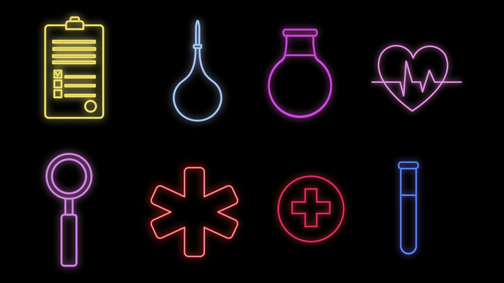 uppsättning av ljus lysande flerfärgad medicinsk neon tecken för en apotek Lagra eller sjukhus vetenskaplig laboratorium skön skinande med medicin ikoner objekt på en svart bakgrund. vektor illustration