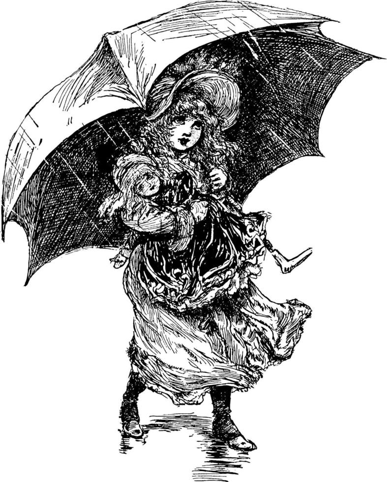 liten flicka gående i regn, årgång illustration. vektor