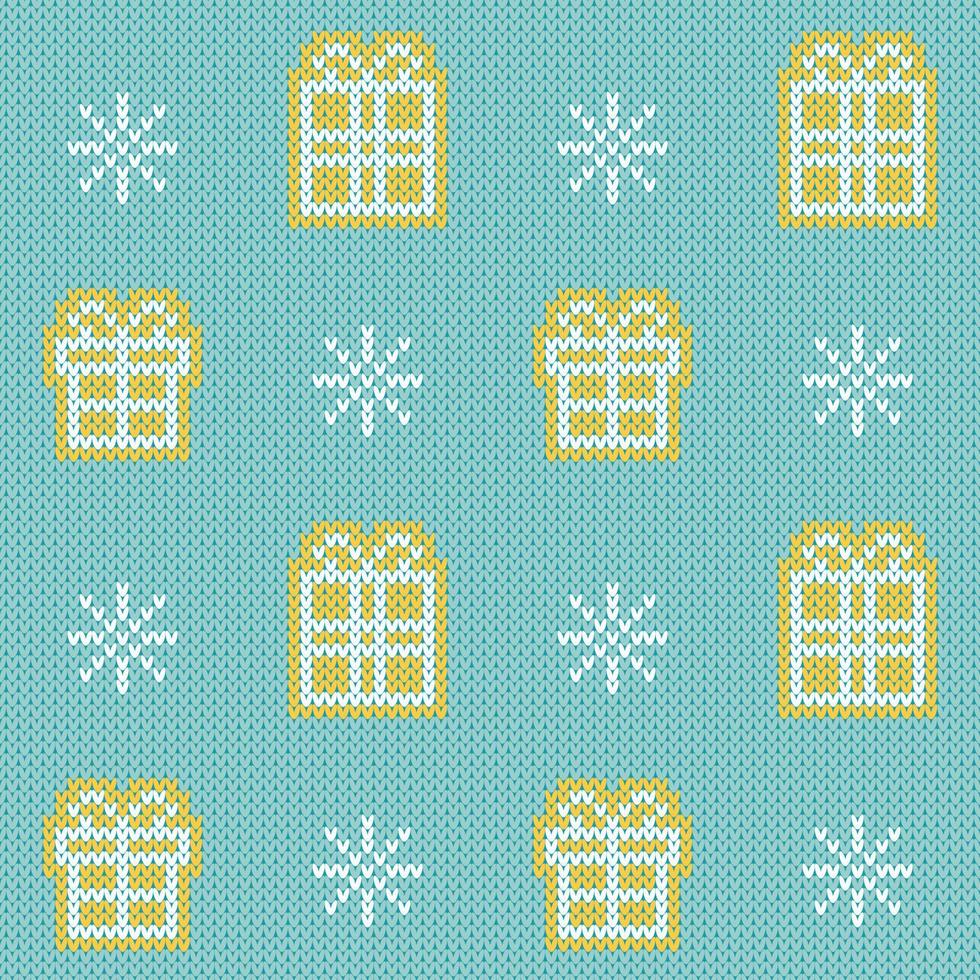 pastellblauer weihnachtspullover lebkuchen geschenkboxen und schneeflocken nahtloses muster. vektor
