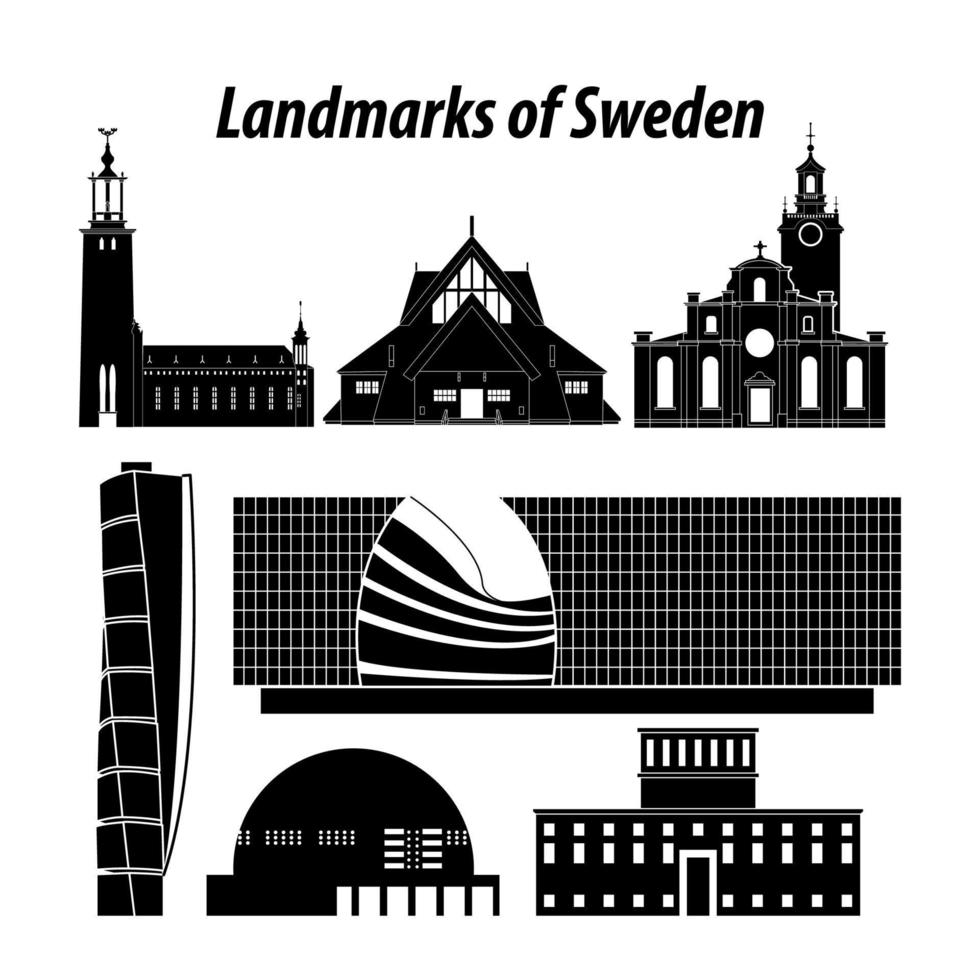 uppsättning av Sverige känd landmärken förbi silhuett stil vektor