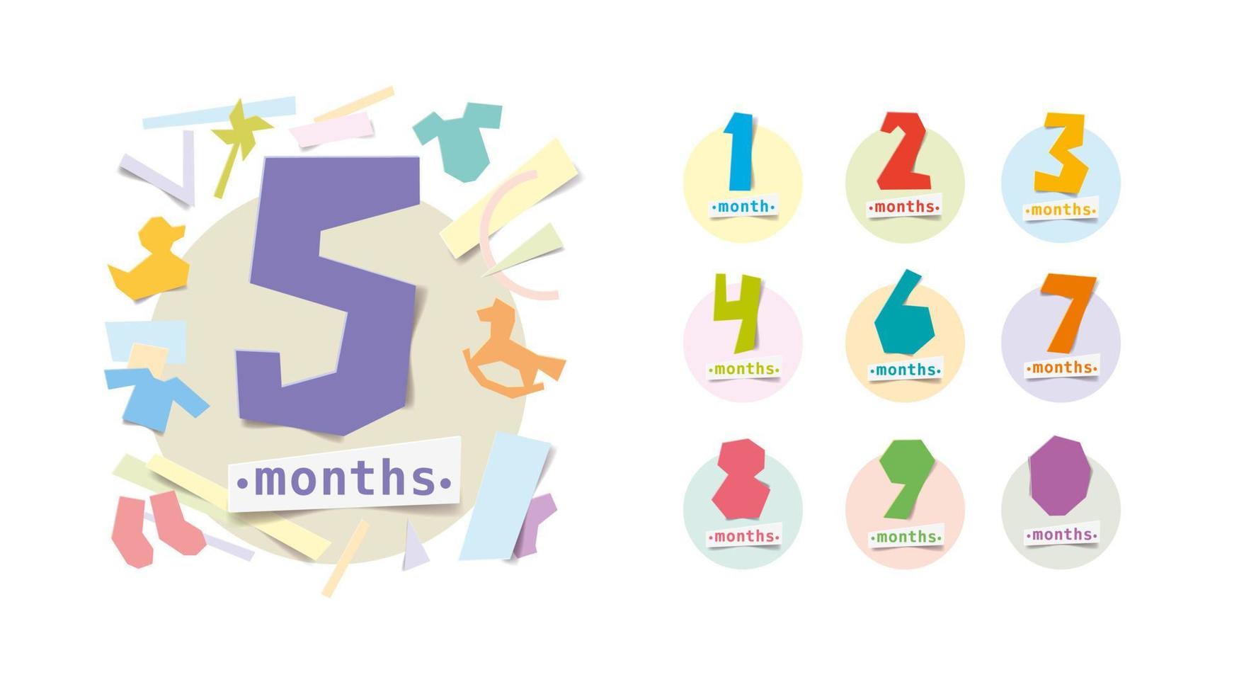 uppsättning av vektor klistermärken med de inskrift 1, 2, 3, 4, 5, 6, 7, 8, 9, 0 månader. Lycklig födelsedag kort för en barn upp till ett år gammal.