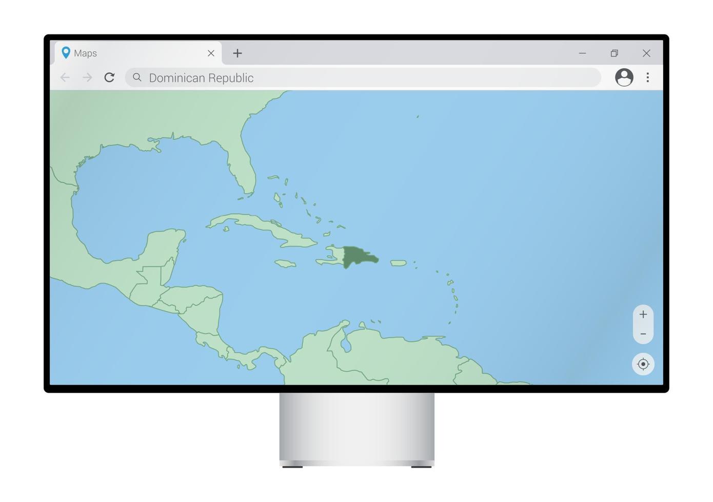 computermonitor mit karte der dominikanischen republik im browser, suchen sie im web-mapping-programm nach dem land der dominikanischen republik. vektor