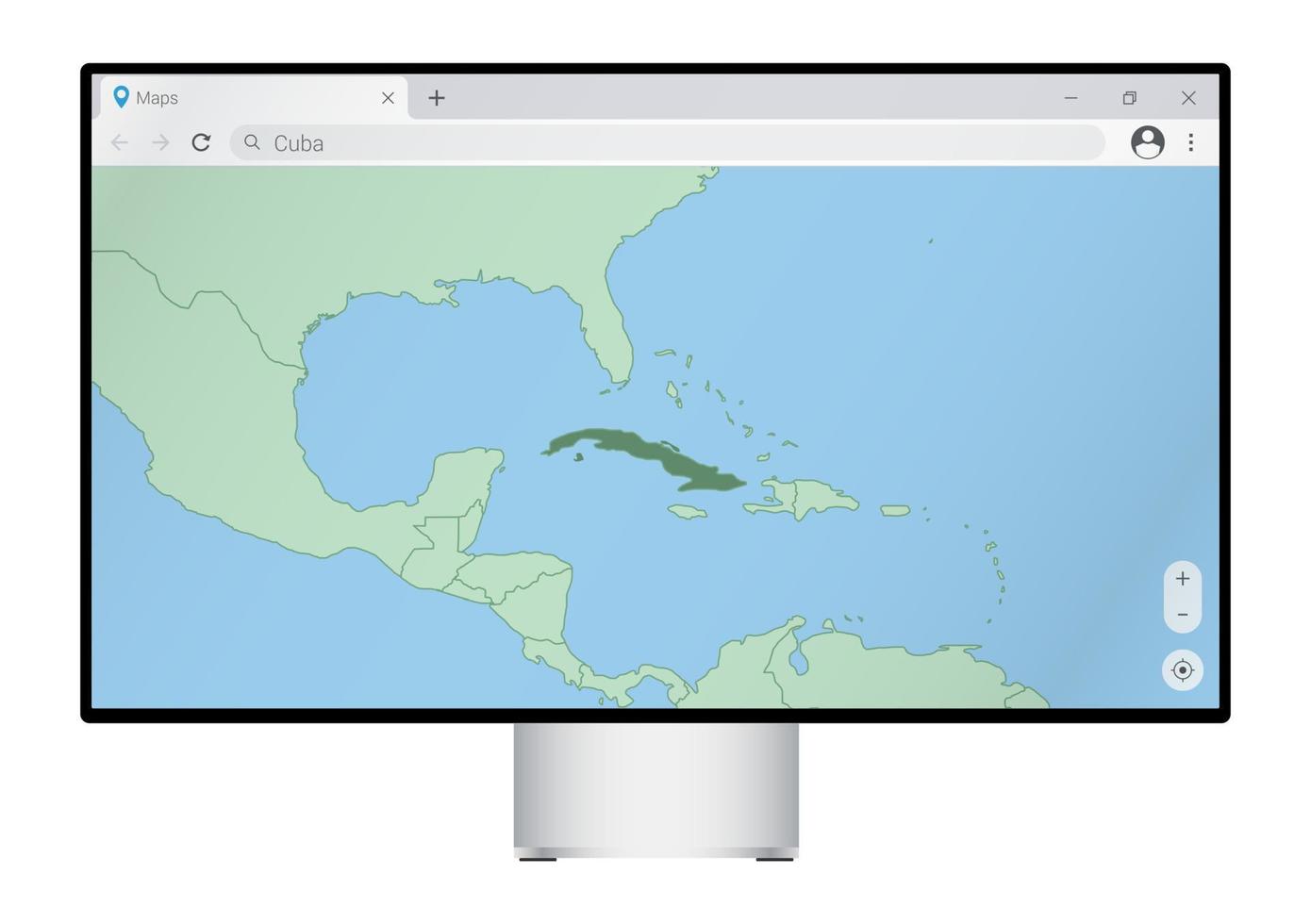 computermonitor mit karte von kuba im browser, suchen sie im web-mapping-programm nach dem land kuba. vektor