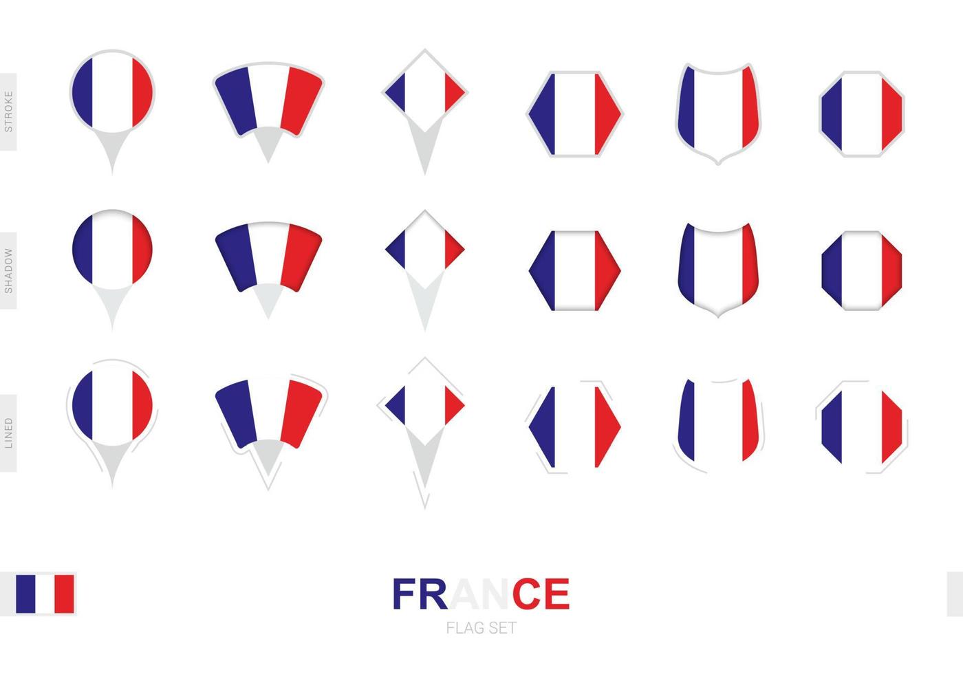 samling av de Frankrike flagga i annorlunda former och med tre annorlunda effekter. vektor