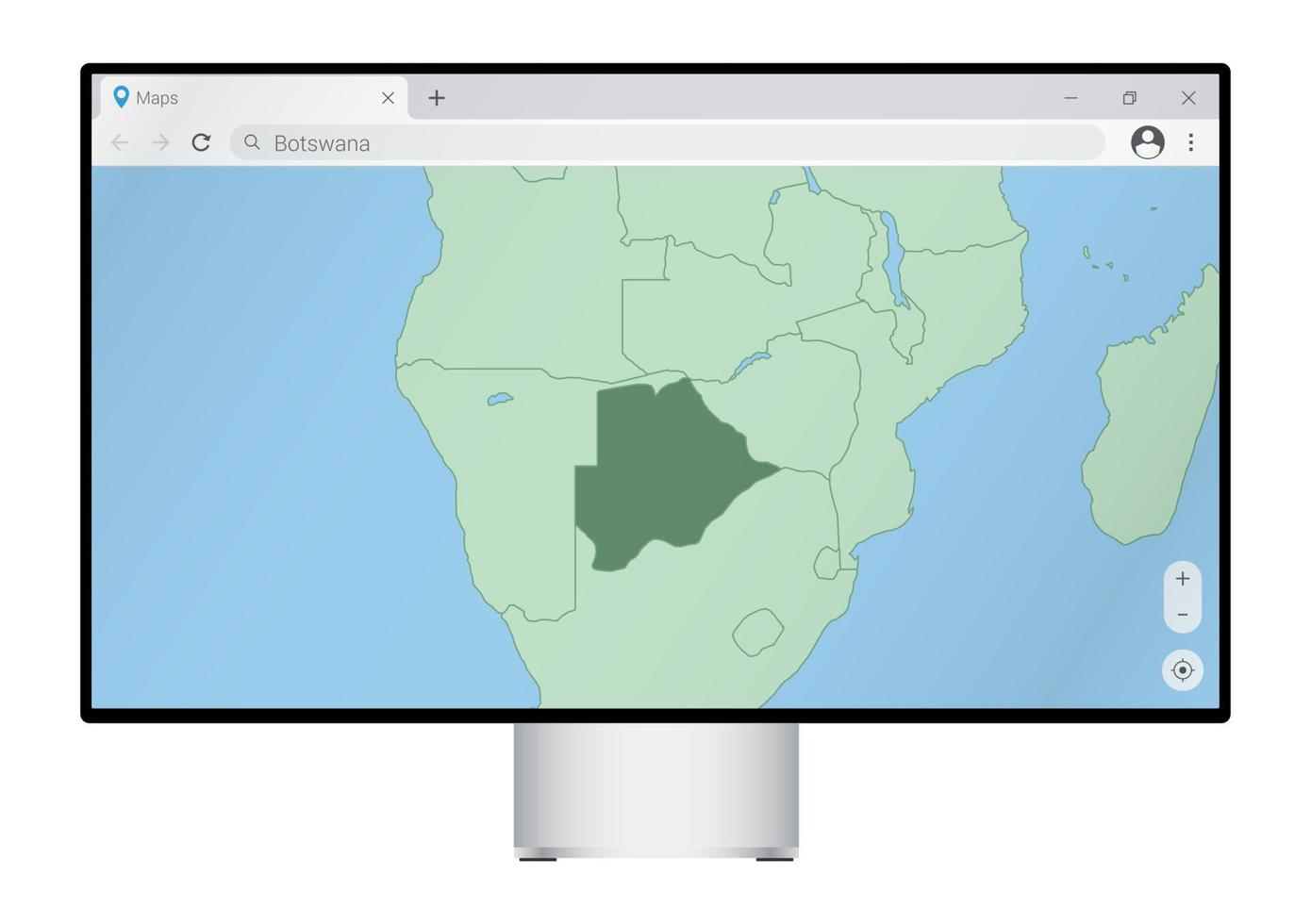 Computermonitor mit Karte von Botswana im Browser, suchen Sie im Web-Mapping-Programm nach dem Land Botswana. vektor