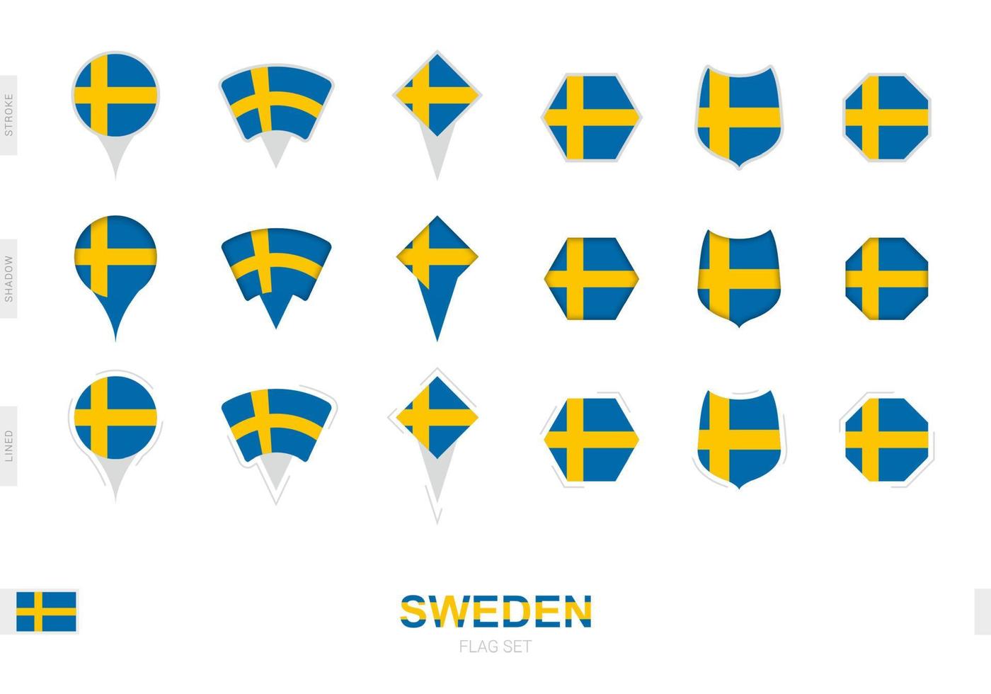 samling av de Sverige flagga i annorlunda former och med tre annorlunda effekter. vektor
