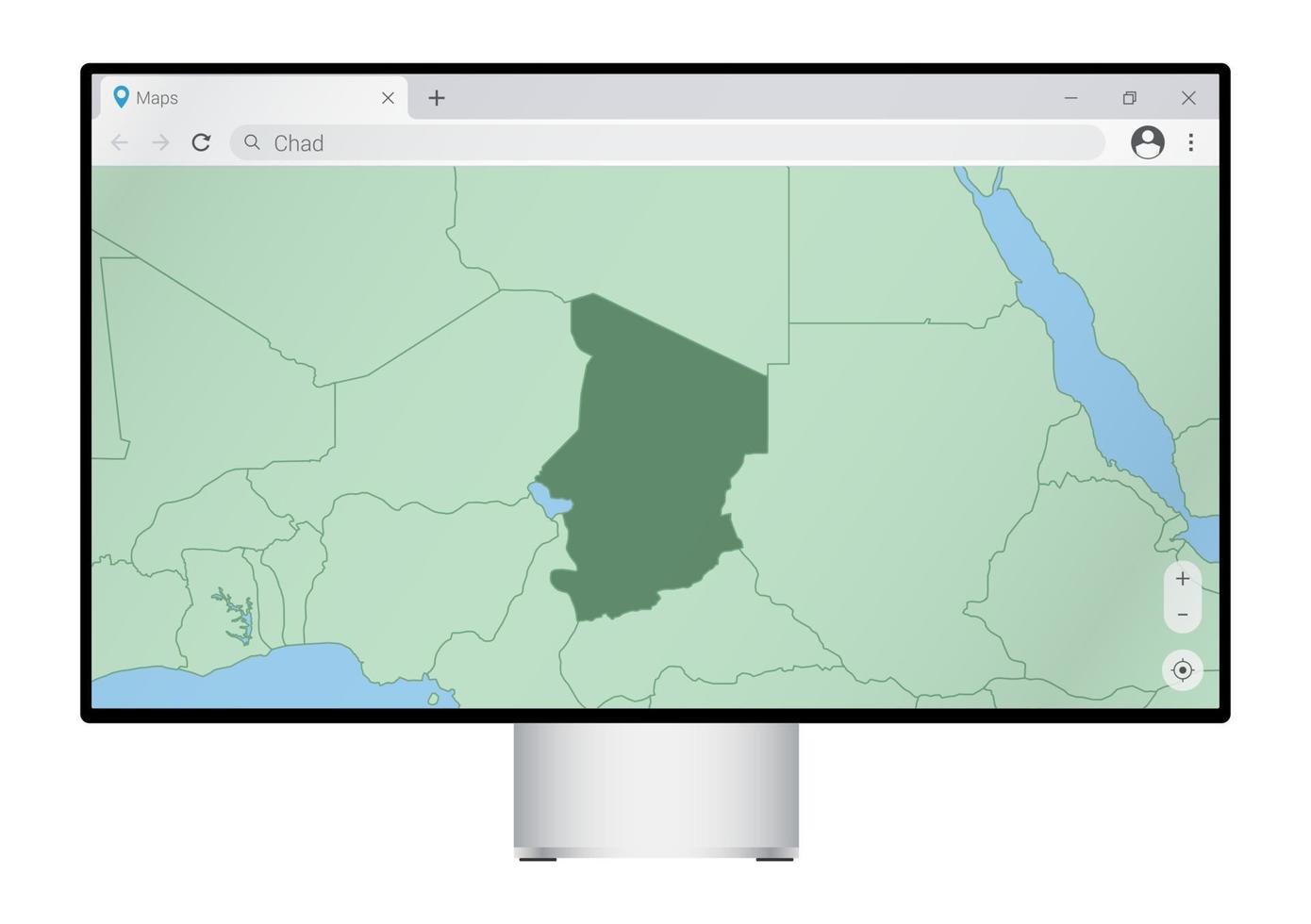 computermonitor mit karte des tschad im browser, suchen sie im web-mapping-programm nach dem land tschad. vektor