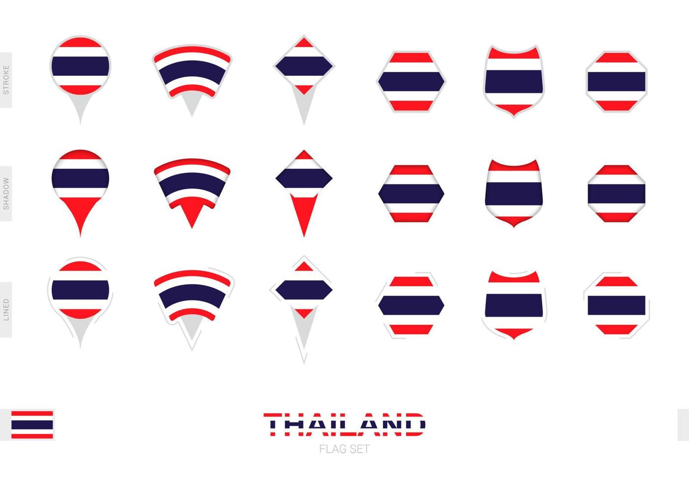 samling av de thailand flagga i annorlunda former och med tre annorlunda effekter. vektor