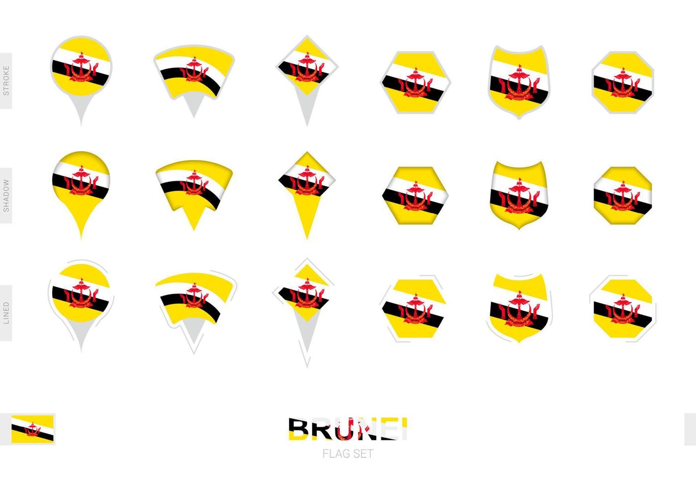 samling av de brunei flagga i annorlunda former och med tre annorlunda effekter. vektor