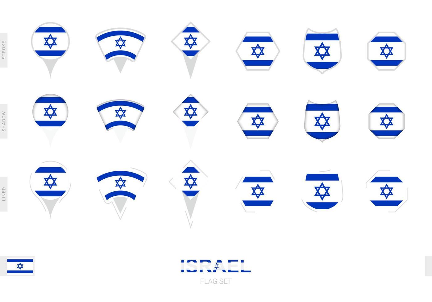 sammlung der israel-flagge in verschiedenen formen und mit drei verschiedenen effekten. vektor