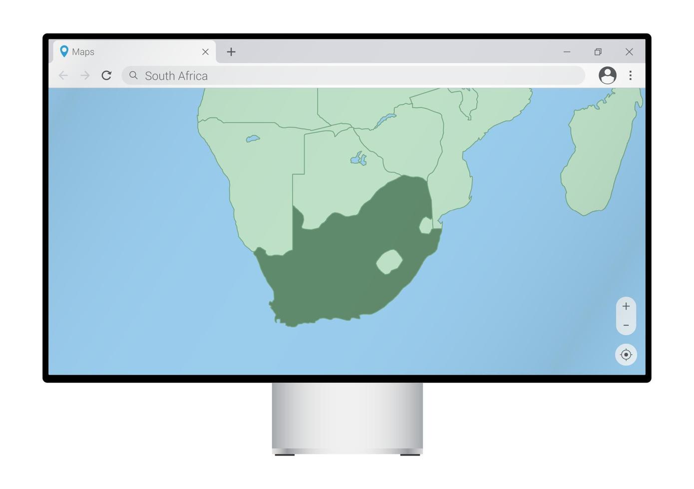 computermonitor mit karte von südafrika im browser, suchen sie im web-mapping-programm nach dem land von südafrika. vektor