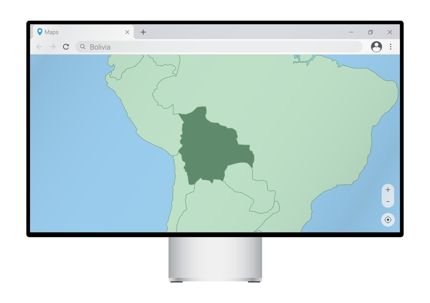 Computermonitor mit Karte von Bolivien im Browser, suchen Sie im Web-Mapping-Programm nach dem Land Bolivien. vektor