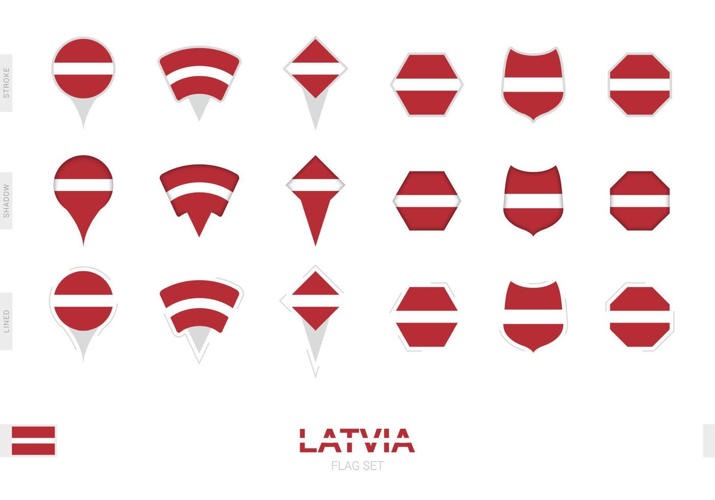Sammlung der lettischen Flagge in verschiedenen Formen und mit drei verschiedenen Effekten. vektor