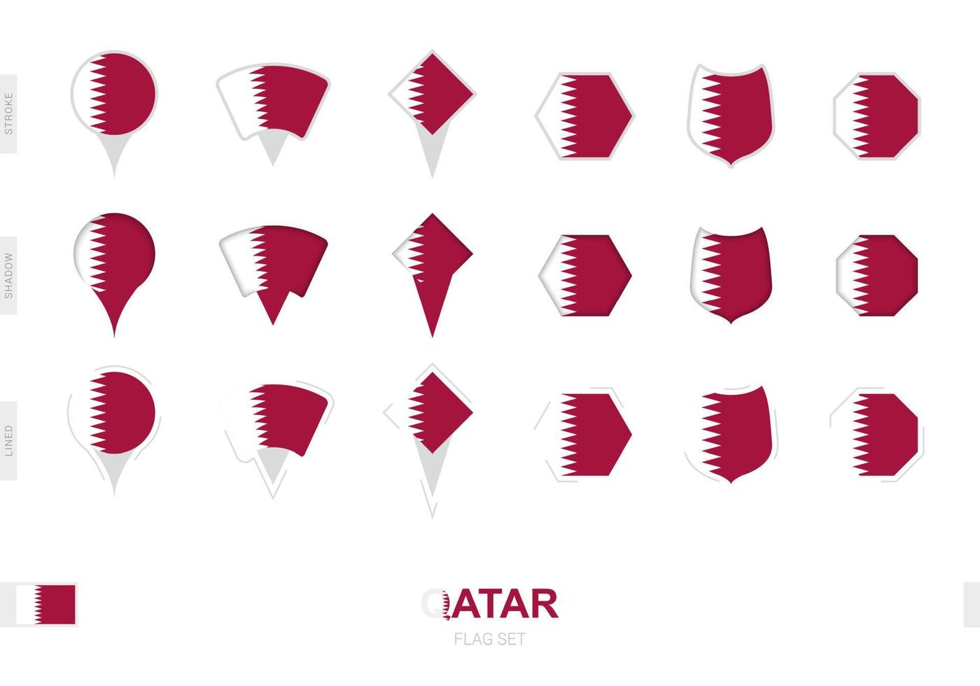 samling av de qatar flagga i annorlunda former och med tre annorlunda effekter. vektor