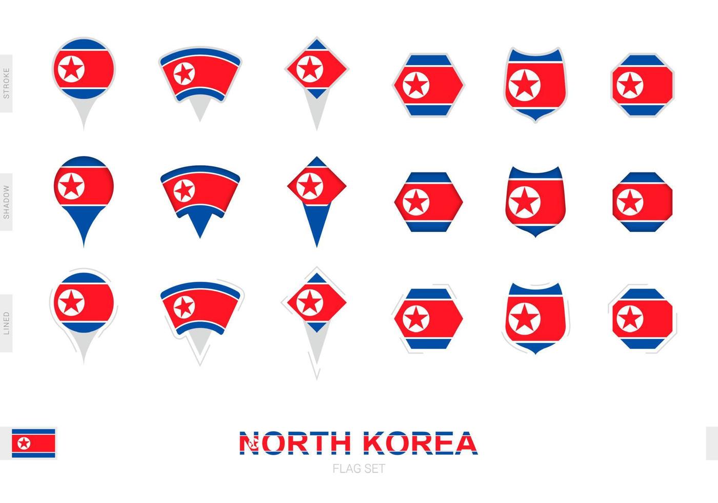 Sammlung der Nordkorea-Flagge in verschiedenen Formen und mit drei verschiedenen Effekten. vektor