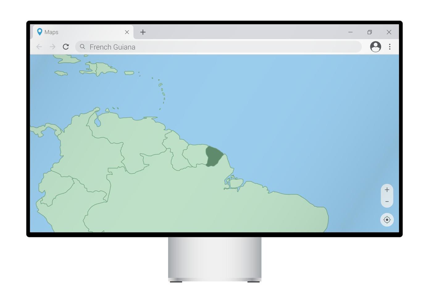 Computermonitor mit Karte von Französisch-Guayana im Browser, suchen Sie im Web-Mapping-Programm nach dem Land Französisch-Guayana. vektor